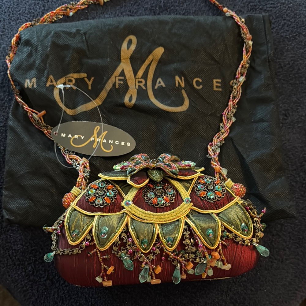 Mary Frances Red and Green Clutch with Intricate Detailing